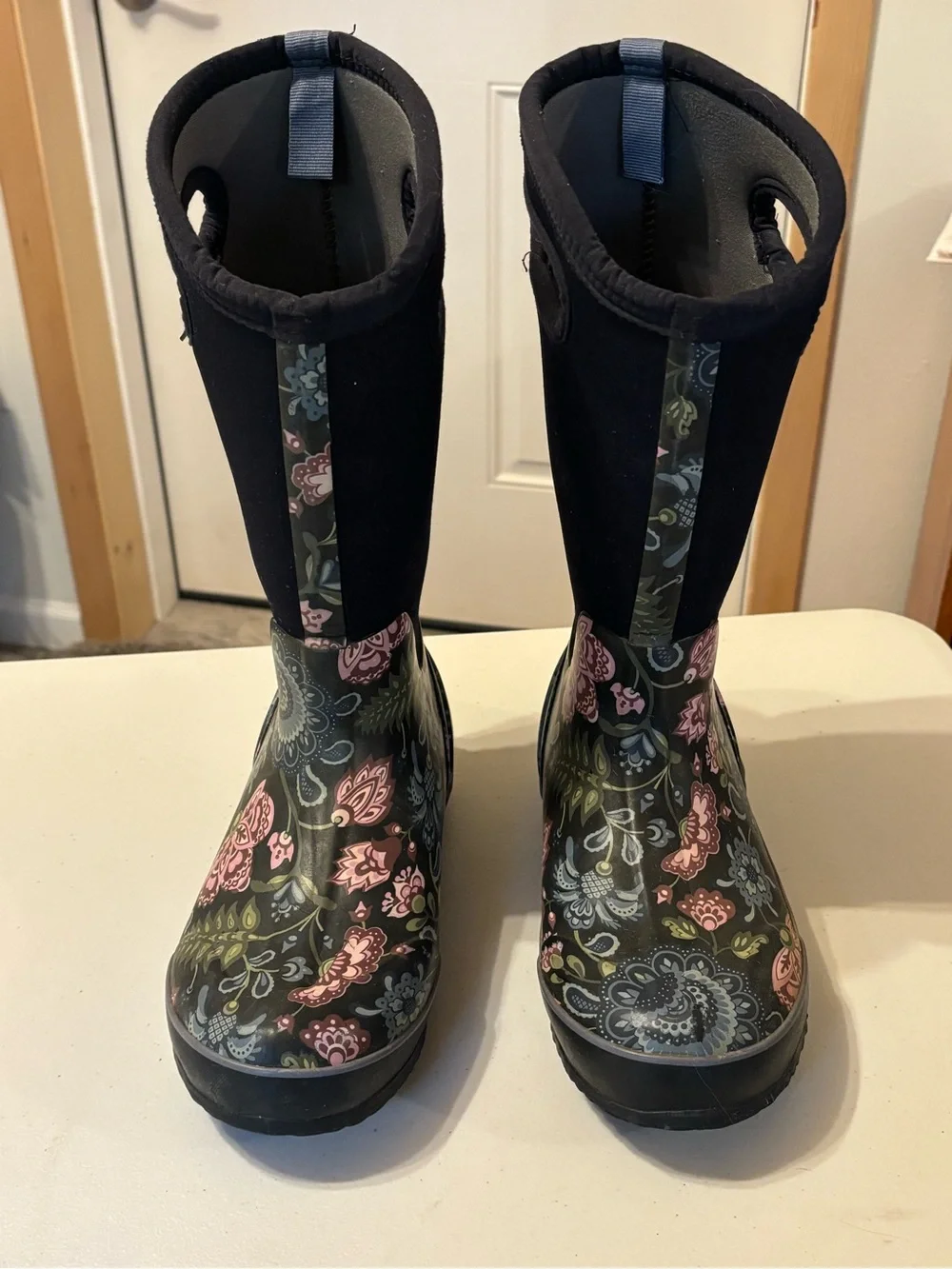 Bogs Black Floral Tall Rain Boots with Pink & Blue Accents 7